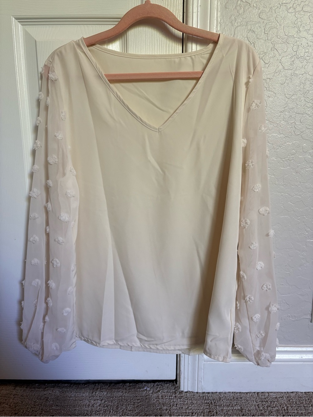 Women’s Cream V-Neck Chiffon Blouse with Textured Sleeves